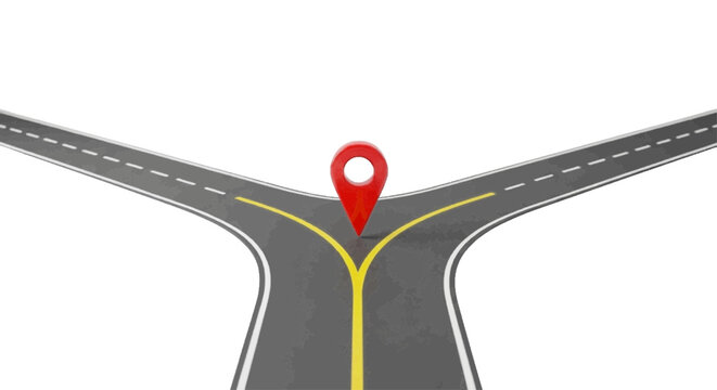 Minimal black silhouette icon, simple flat vector, bold black shape, no, no shading a red map pin at a road fork junction on a, flat icon style