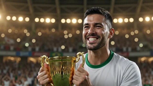 Close up of a soccer player wearing a plain white jersey holding a trophy in ecstasy, celebrating tournament victory in a blurry night stadium at on 2026 soccer world championship,