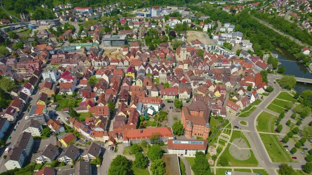 Aerial view beside the old town and city of K&uuml;nzelsau, in Germany on a sunny day in spring