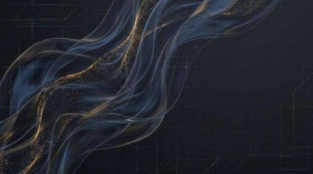 Futuristic cyber technology background with abstract glowing blue silk waves, golden particle dust trails, and neon circuit grid with central copy space for corporate banner, generative AI