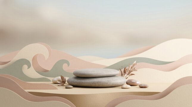 Minimalist zen podium with stacked spa stones and dry botanical leaves against abstract 3D paper cut ocean waves in soft earth tones for cosmetics display banner, generative AI