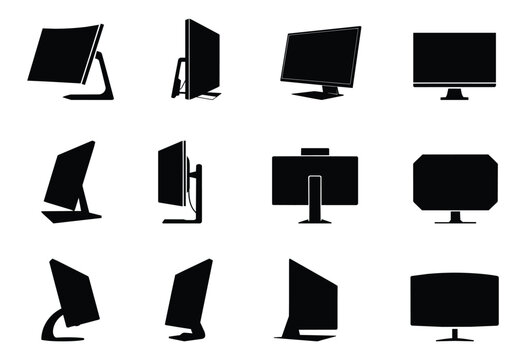 Computer Monitors Vector Set with Modern Desktop Screens, Flat Display Devices, Office Technology and Digital Workspace Elements.