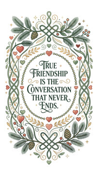 Semi-realistic vector illustration of friendship quote frame with hearts and connected line art elements, minimalist evergreen design