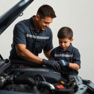 Mechanic Father Teaching Son Automotive Repair Skills