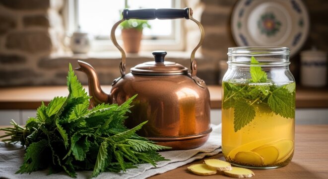Fresh nettle and ginger infusion with a vintage copper kettle.