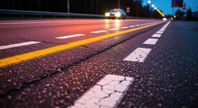 A car driving on a road at night with headlights on.