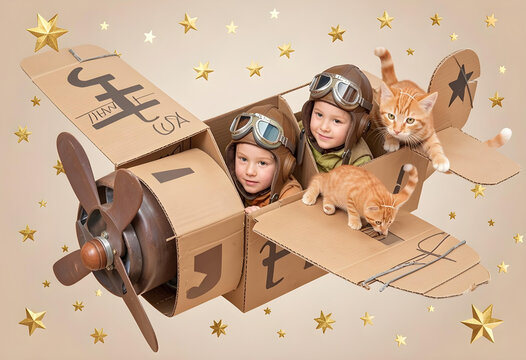 Children Playing as Pilots in a Homemade Cardboard Airplane with Kittens