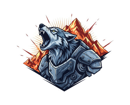 Illustrated wolf in armor with mountain backdrop vector design