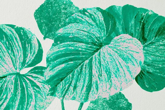 Botanical ink stamp print featuring large tropical leaves in vibrant green tones against a light background, showcasing intricate textures and details of the foliage