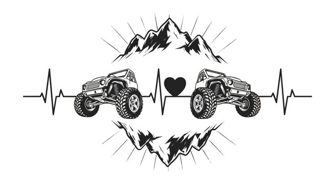 Off road vehicle heartbeat design on black background