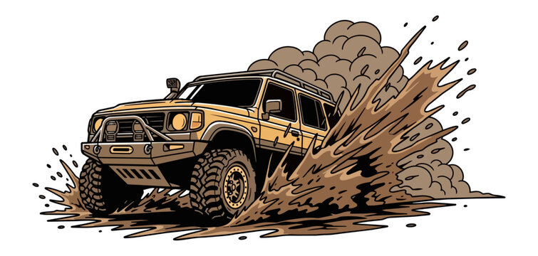 Off road vehicle driving through mud vector illustration
