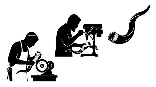 Traditional shofar making process silhouette illustration with craftsman polishing and drilling horn