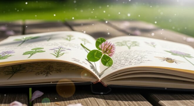 An open book with botanical illustrations and a clover flower.