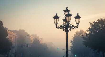 Obraz premium Vintage lamppost on a foggy city street at dawn.