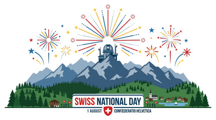 Swiss National Day Celebration: Fireworks over Alps, Village, and Observatory © Mbah Ginah