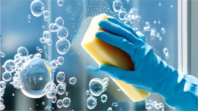 Cleaning a Window with a Squeegee and Soap-Bubble Foam for a Crystal Clear View Hand in Blue Glove