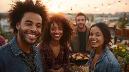 Fototapeta premium A diverse group of friends enjoying a rooftop barbecue at sunset, capturing a moment of joy and connection