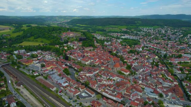 Aerial view beside the old town and city of Kronach, in Germany on a sunny day in spring
