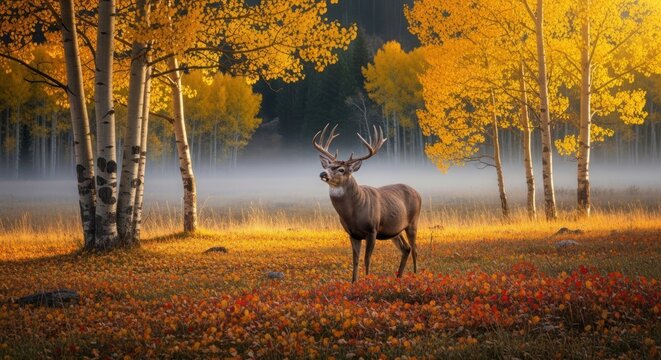 A majestic deer stands in a misty autumn forest with golden leaves.