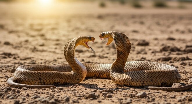 Two cobras facing off in the desert with open mouths.