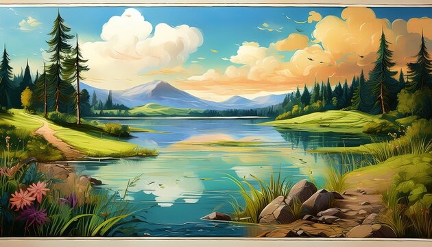 lake scene ephemera border landscape outdoors painting