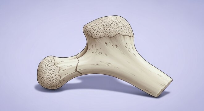 Illustration of a fractured human femur bone with signs of healing.