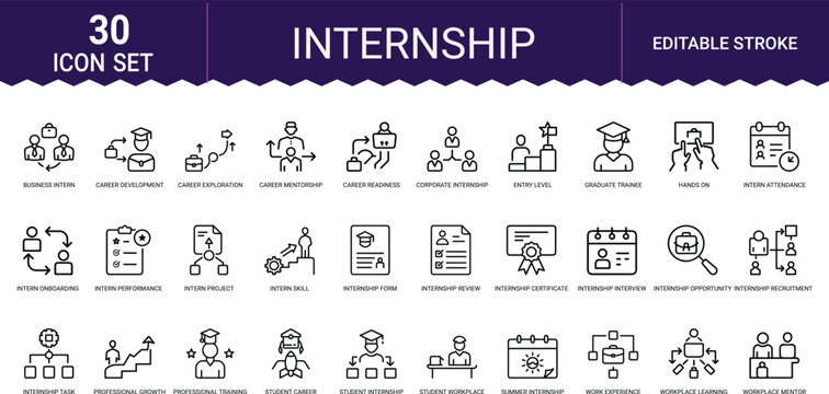 Internship career development line art icons set, student internship, internship certificate, workplace mentor, career mentorship, professional training, internship opportunity, work experience