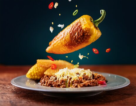 levitating chiles rellenos with ground beef and cheese concepts of latin american food peppers spicy food levitation corn chips ground beef appetizer national food crumbs