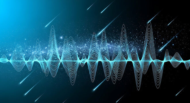 Abstract blue glowing particle waveform with falling light streaks on a dark gradient background representing data flow waveform soundwave particle abstract technology communication internet