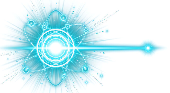 Abstract glowing blue energy core or atomic structure emitting a powerful horizontal light beam on a white background with technology radiation particle futuristic abstract explosion electric