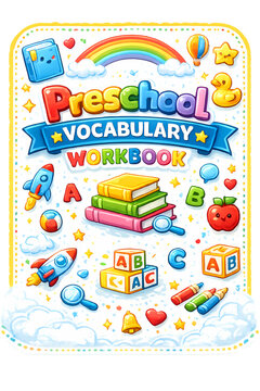 preschool vocabulary workbook, workbook cover design, vocabulary workbook cover, preschool learning, early childhood education, language development, educational workbook, kids learning, preschool edu