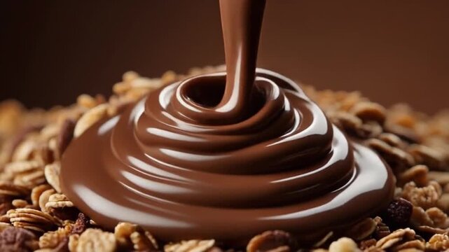 Closeup video of swirling chocolate cream landing on a bed of crunchy granola, with high contrast studio lighting, and vivid warm colors, food ad cinematography