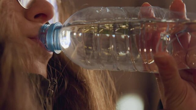 Young woman drinking. Caucasian female with water. Profile view of woman with reflective glasses drinking water. Nighttime scene showing woman in profile with droplets and cinematic effects
