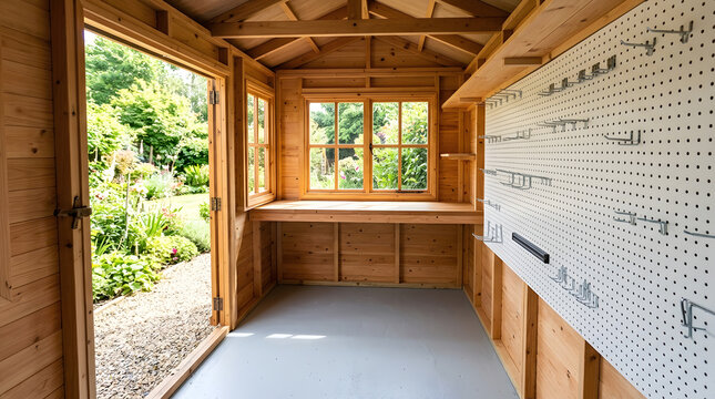 Interior of a New Wooden Garden Shed with Pegboard Storage | Workshop Organizer with Workbench and Windows | Backyard DIY Hobby Space and Studio | Timber Outbuilding Design for Gardening Tools