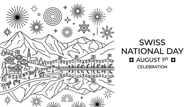 Swiss National Day Celebration with Fireworks and Mountains - Line Art Illustration
