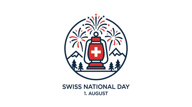 Swiss National Day Celebration with Lantern, Fireworks, Mountains and Fir Trees