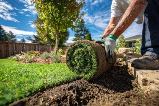 Man laying green grass sod in backyard.