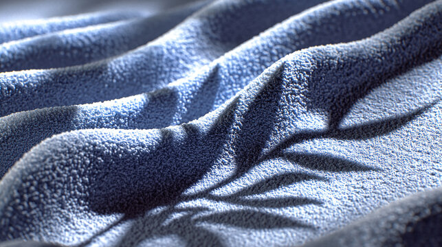 Textured blue fabric surface with palm leaf shadow casting artistic patterns