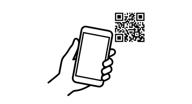 A modern line art vector image displaying a human hand holding a smartphone screen next to a square digital quick response code.