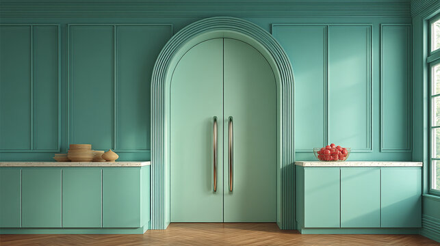 Elegant archway double doors in a modern mint green kitchen interior design