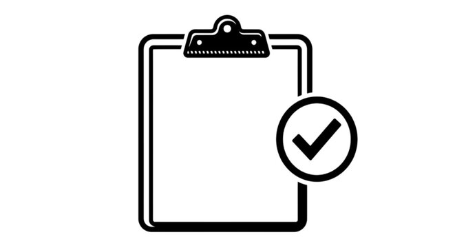 A classic clipboard template featuring a large checkmark badge displayed as a simple black and white vector image icon for completed tasks.