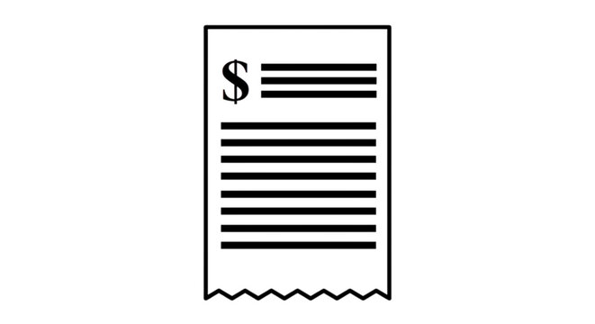 A store sales receipt with a dollar currency sign and text rows shown as a black and white vector image icon.