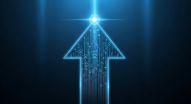 Glowing blue digital arrow pointing upwards with circuit pattern symbolizing technology progress business growth and success technology increase progress direction innovation connection