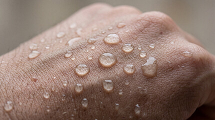Fototapeta premium Liquid jewels gather on a hand's skin, a beautiful display of nature's simple purity at close range
