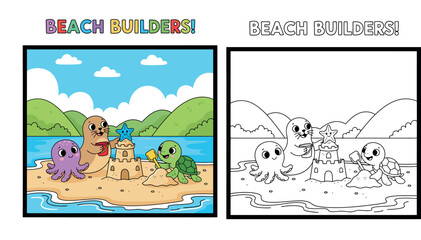 Fototapeta premium Cute Cartoon Beach Animals Building Sandcastle Illustration with Seal, Octopus, Turtle