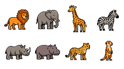 Obraz premium Safari animal pixel art icon collection. Graphics for gaming, retro design, education, or wildlife themes