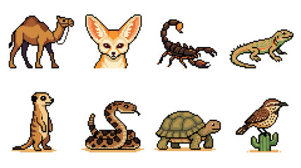 Obraz premium Pixel art desert animals collection with camel, fennec fox, scorpion, lizard, meerkat, snake, tortoise, and bird set