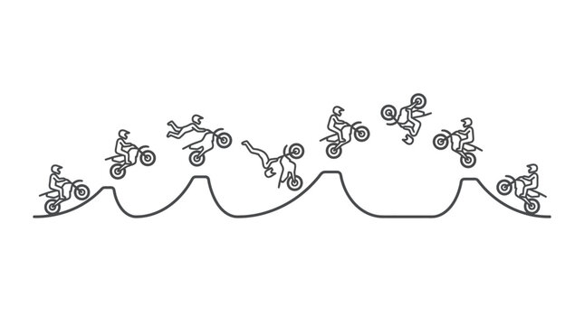 Motocross rider performing series of jumps and flips sequence.