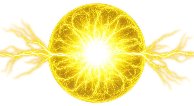 Glowing yellow energy sphere featuring electric plasma lightning discharge isolated on white background lightning electric abstract discharge radiation