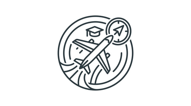 Airplane flying inside circular badge with education and navigation symbols.